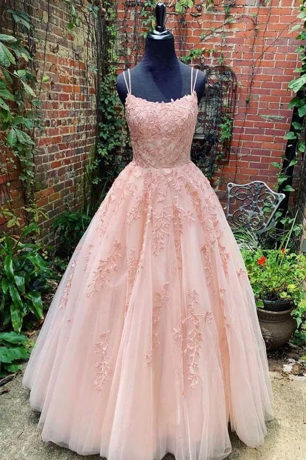 Tulle Lace Long Prom Dress Scoop Spaghetti Formal Evening Gowns TP0978